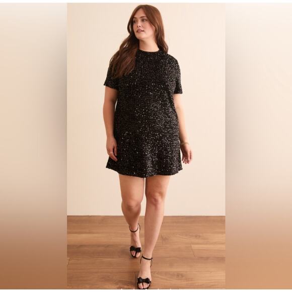 ARULA Dresses & Skirts - Arula Dress Womens 1X Black Sequin Short Sleeve Party Shift Mini Sparkle New